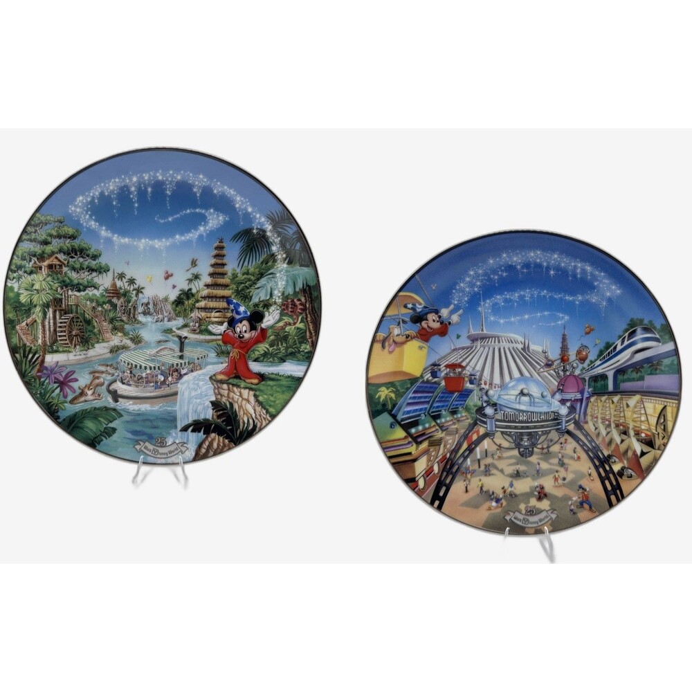 Walt Disney World 25th Anniversary Plates Adventureland/Tomorrowland w/ COA